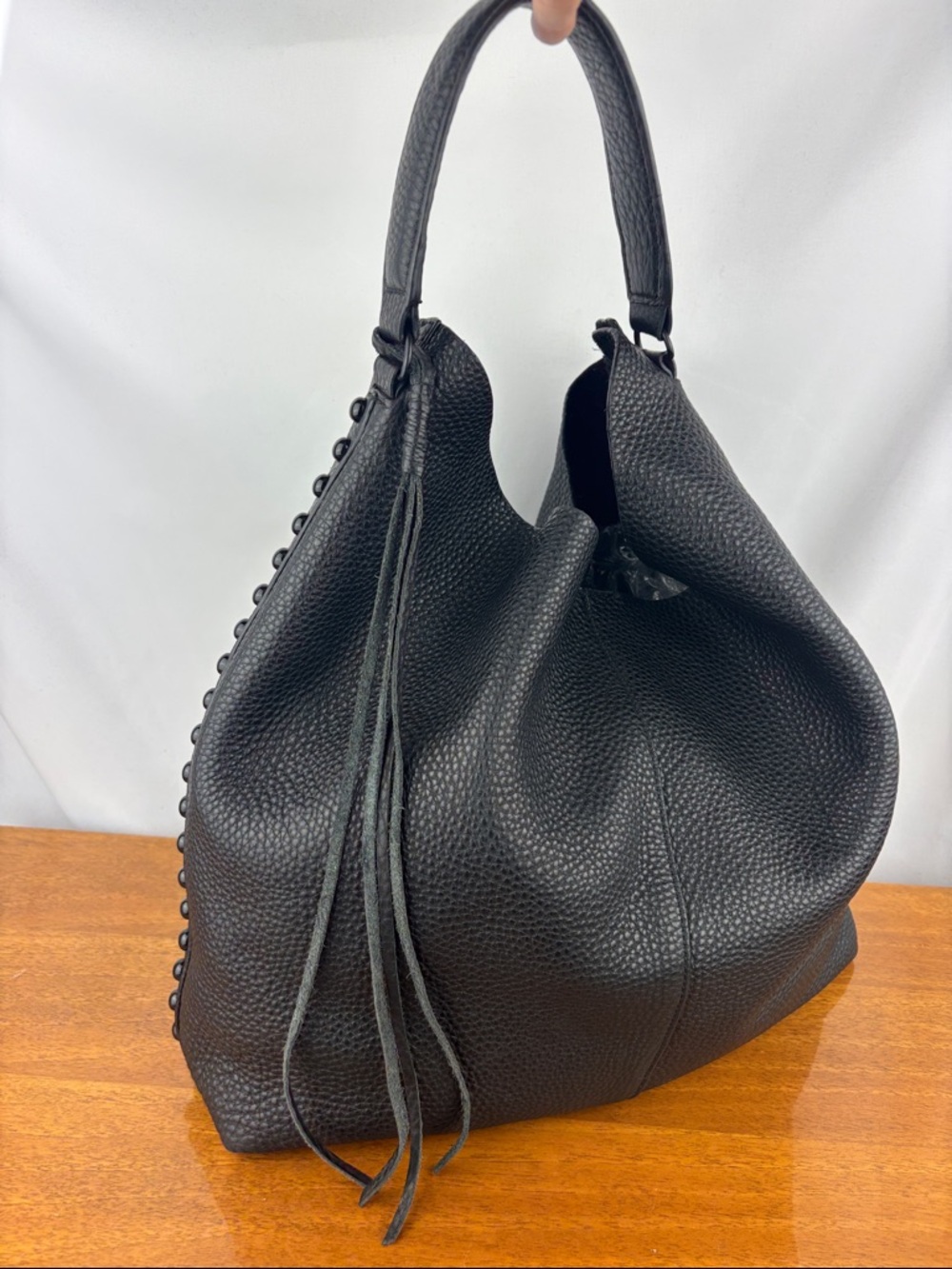 Rebecca Minkoff black pebble leather slouchy studded boho hobo purse bag